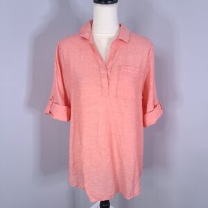 Fleur Bleve Neon Pink Linen Cotton Roll Tab Sleeve Casual Tunic Top Medium